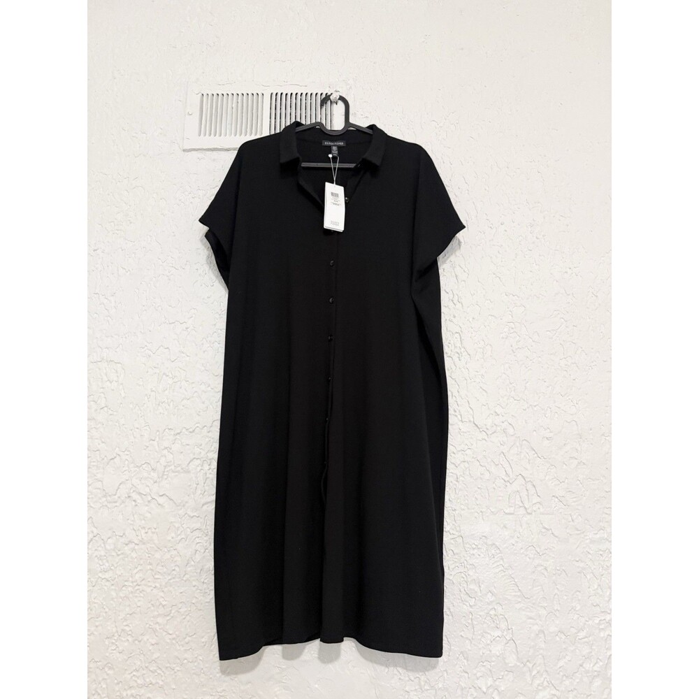 NWT Eileen Fisher Classic Collar Knee Length Dress Viscose Black Minimalist M